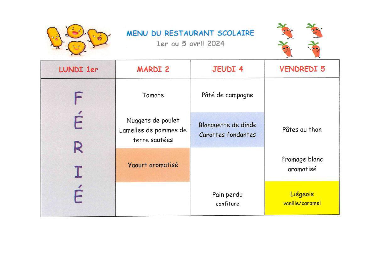 Menu de la cantine