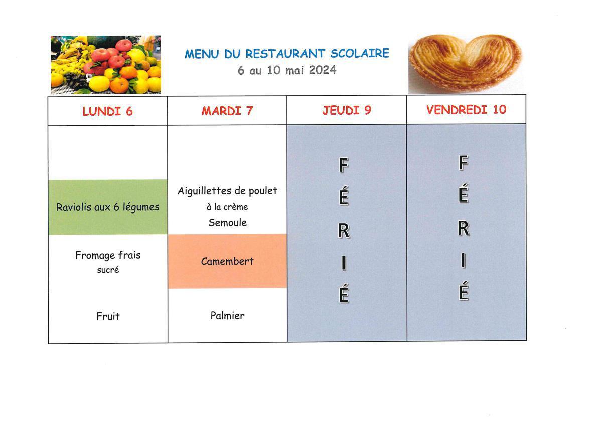 Menu de la cantine