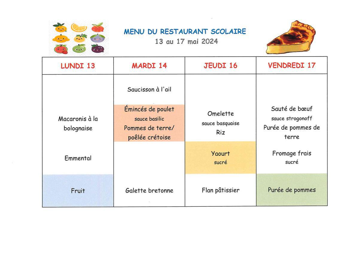 Menu de la cantine