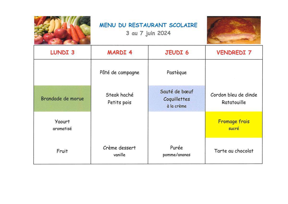 Menu de la cantine