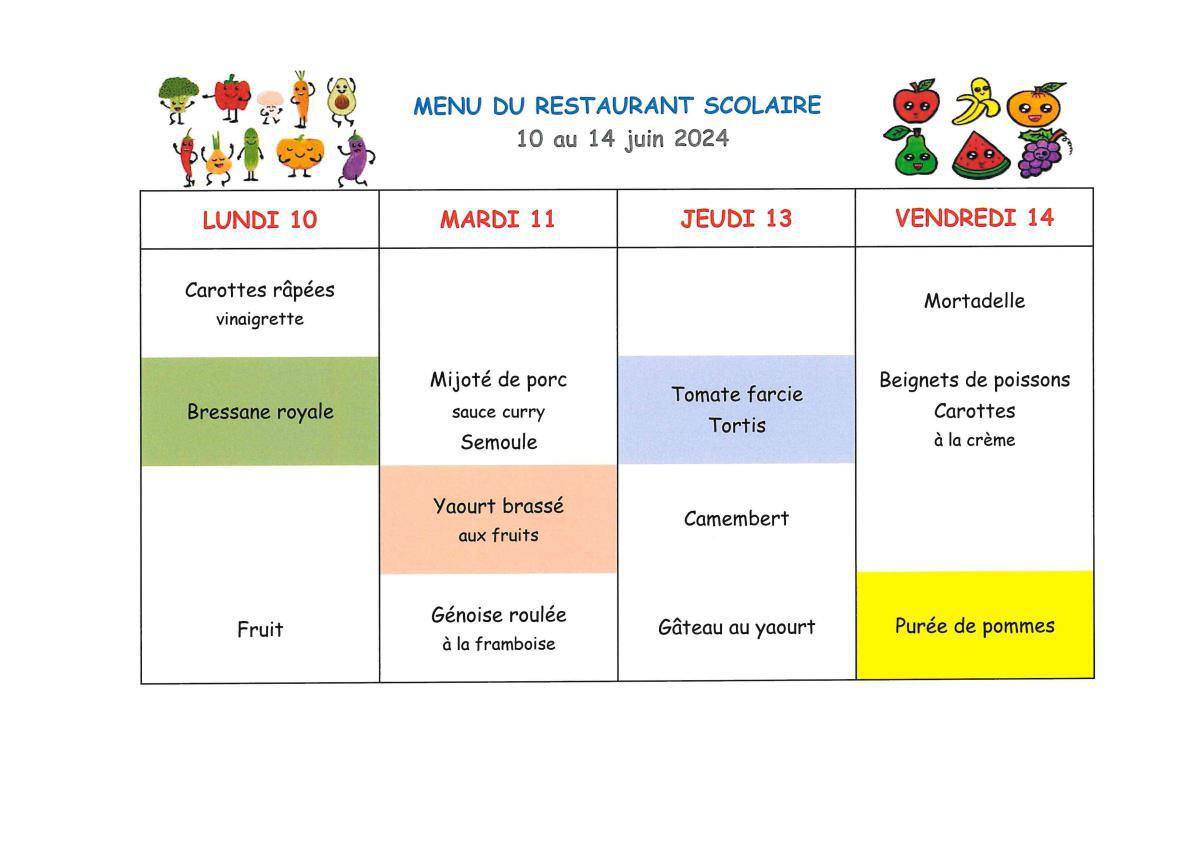 Menu de la cantine