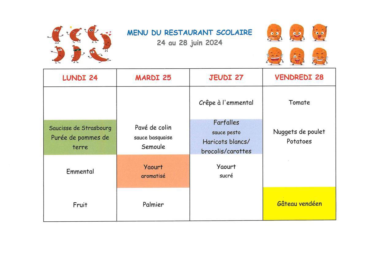 Menu de la cantine