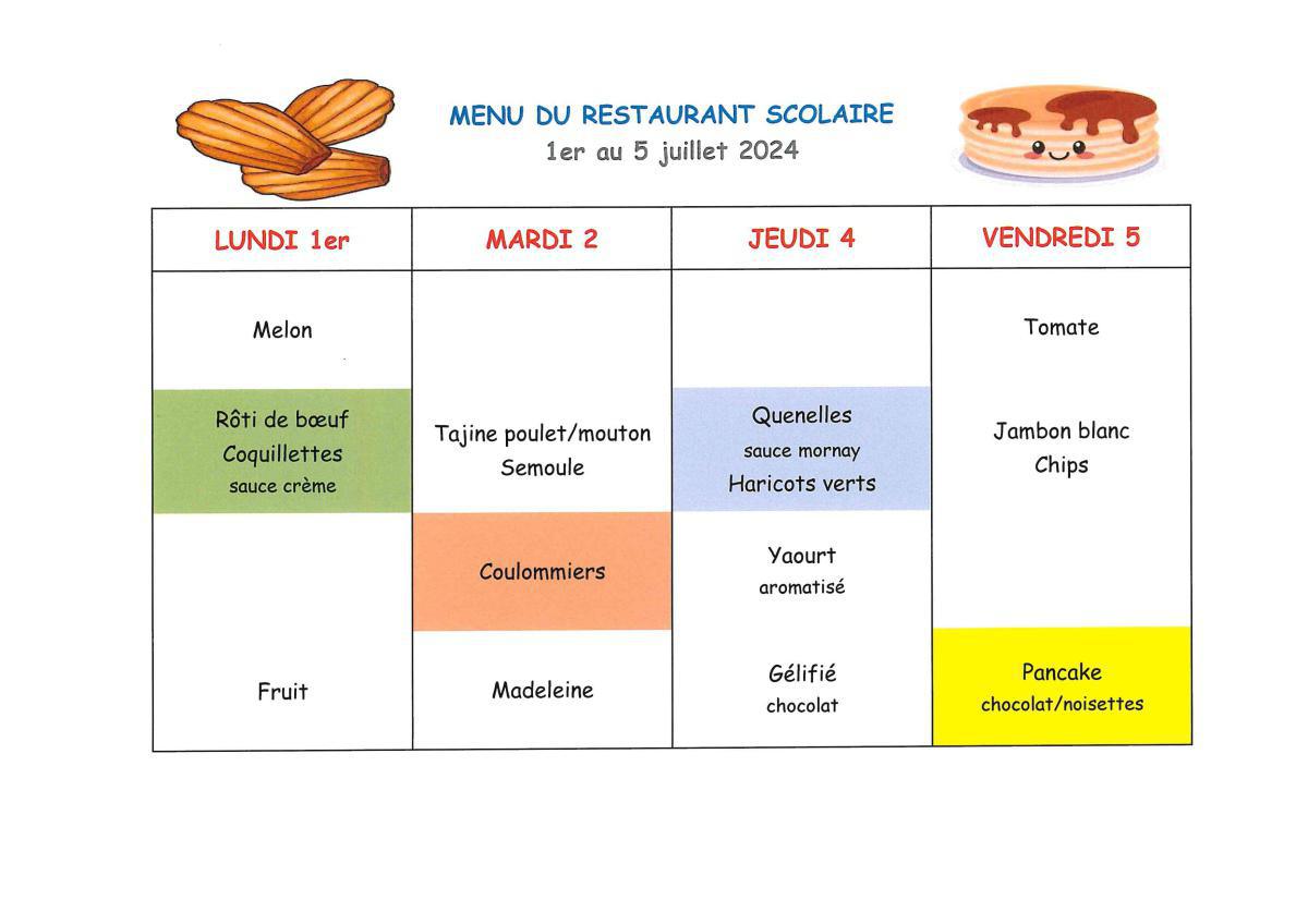 Menu de la cantine