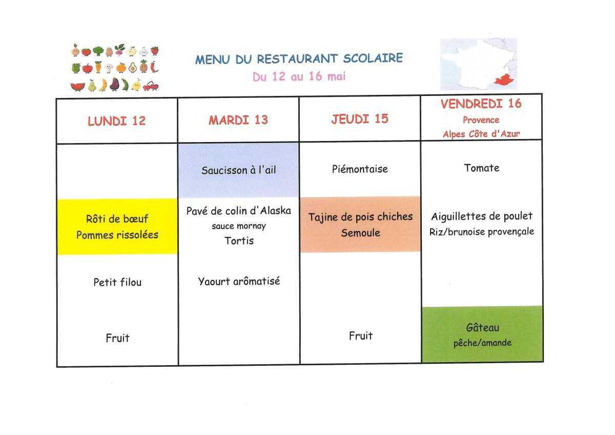 Menu de la cantine