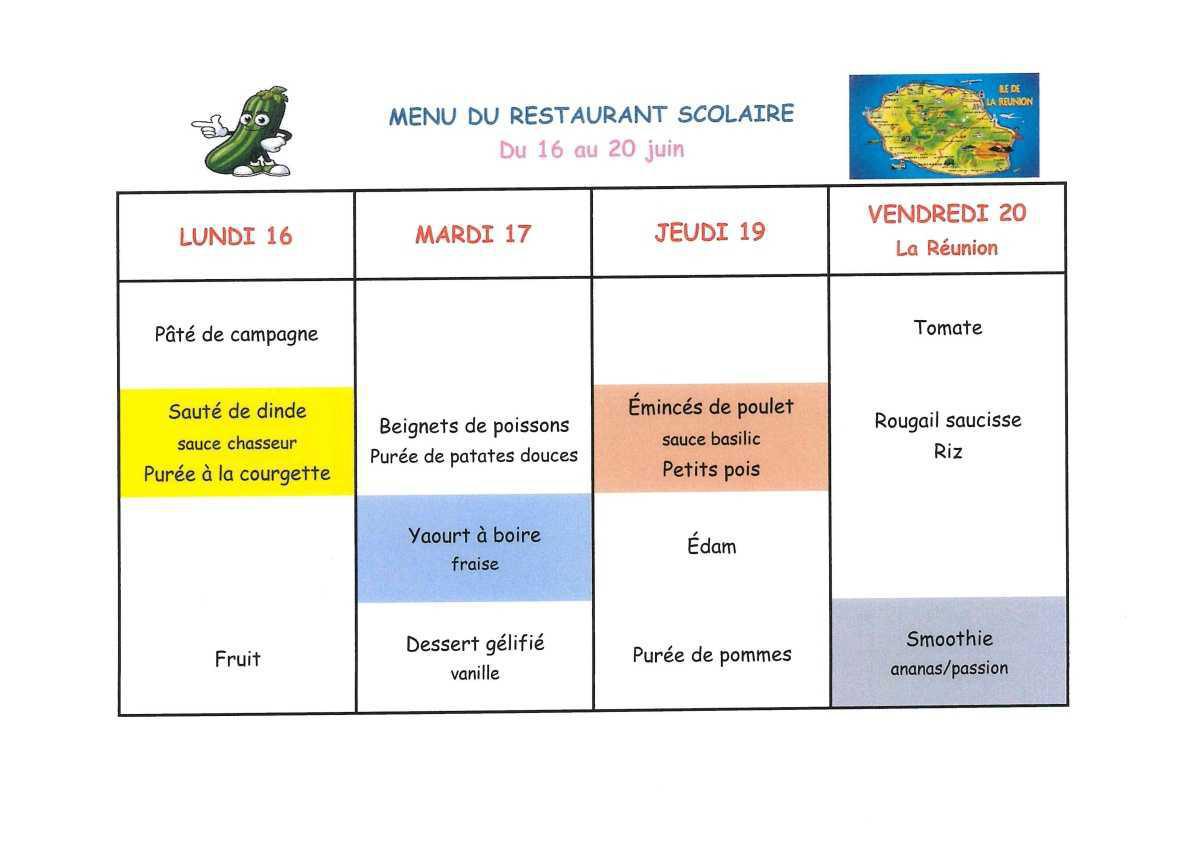 Menu de la cantine