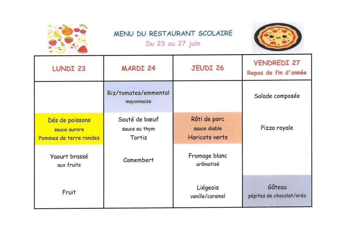 Menu de la cantine