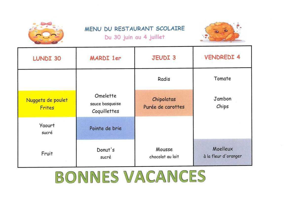 Menu de la cantine