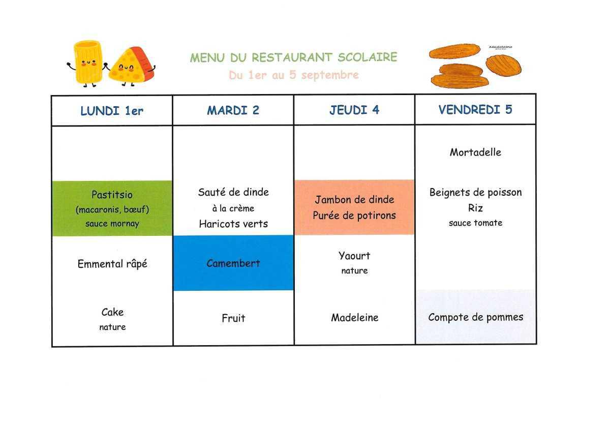 Menu de la cantine