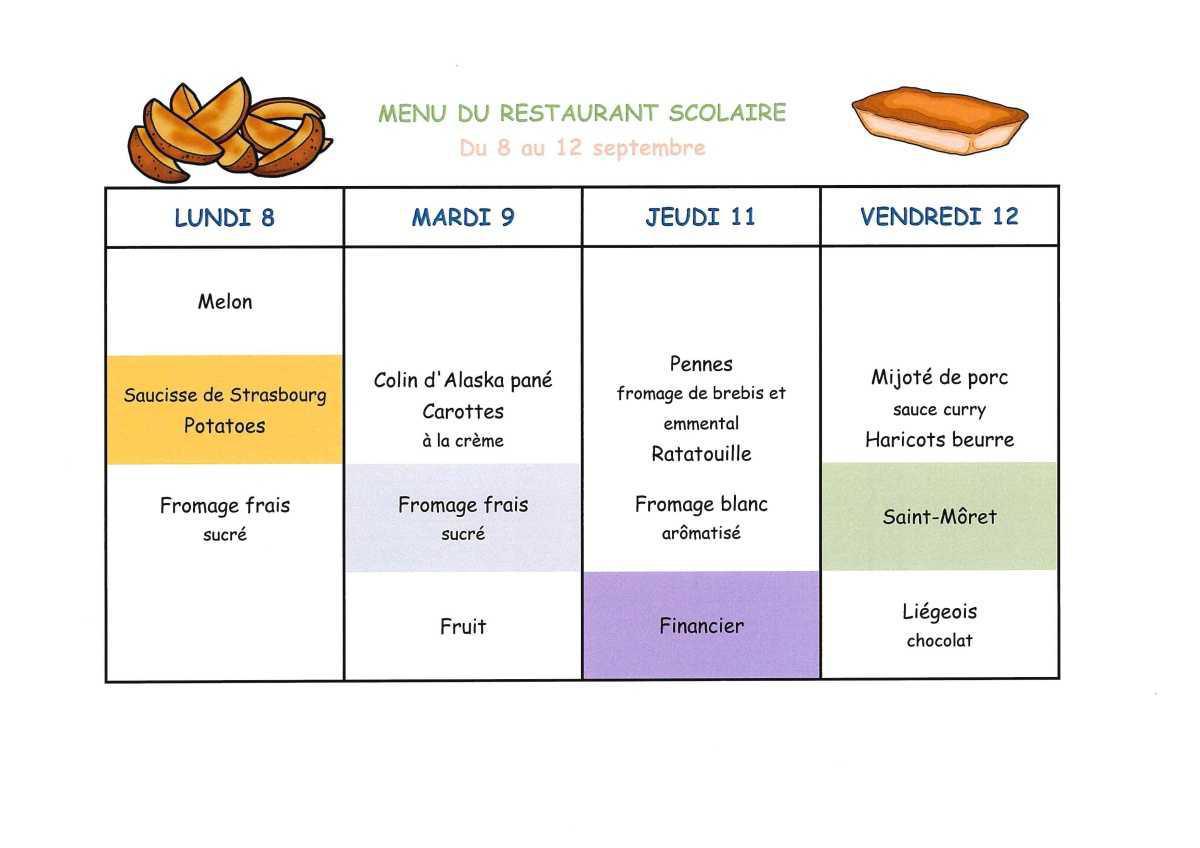 Menu de la cantine