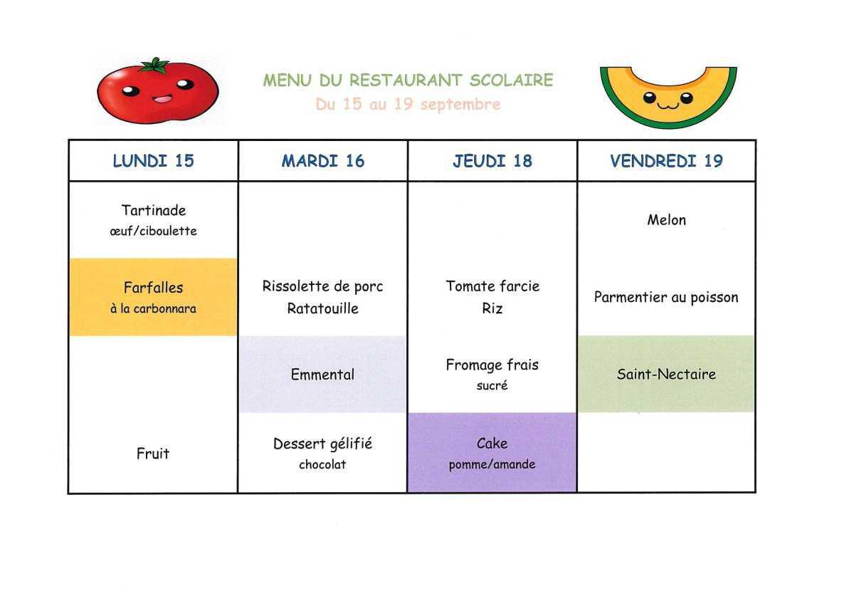 Menu de la cantine