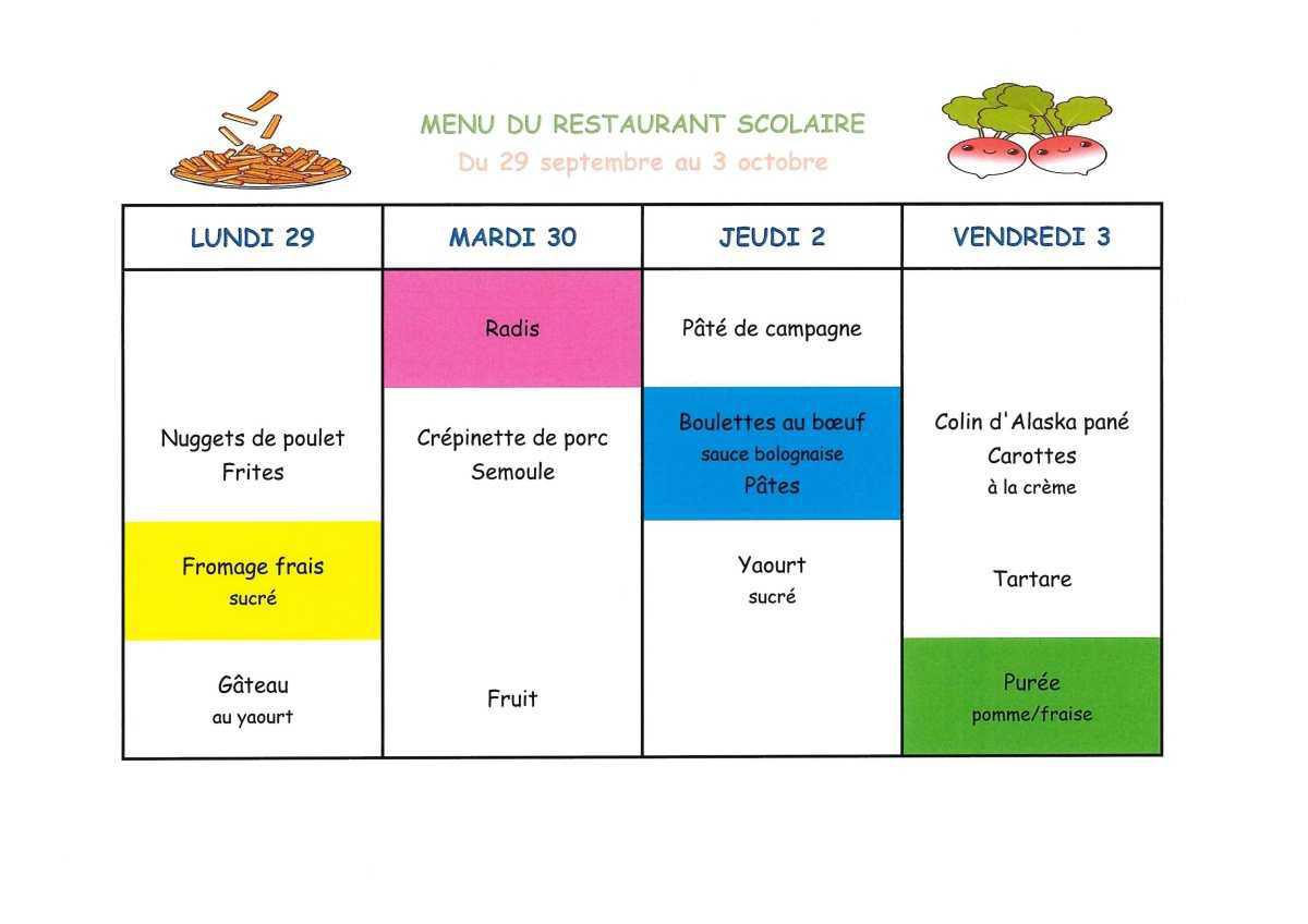 Menu de la cantine