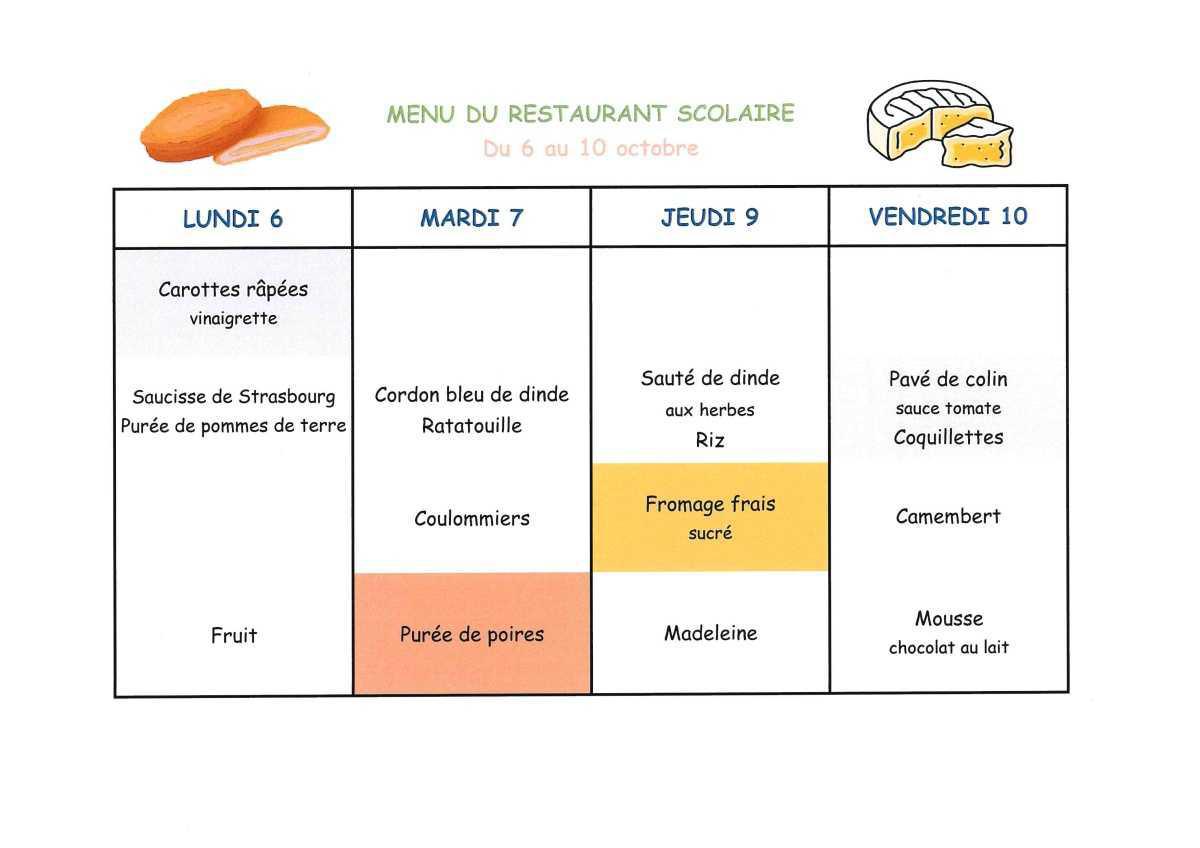 Menu de la cantine