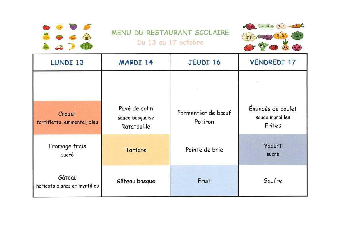 Menu de la cantine