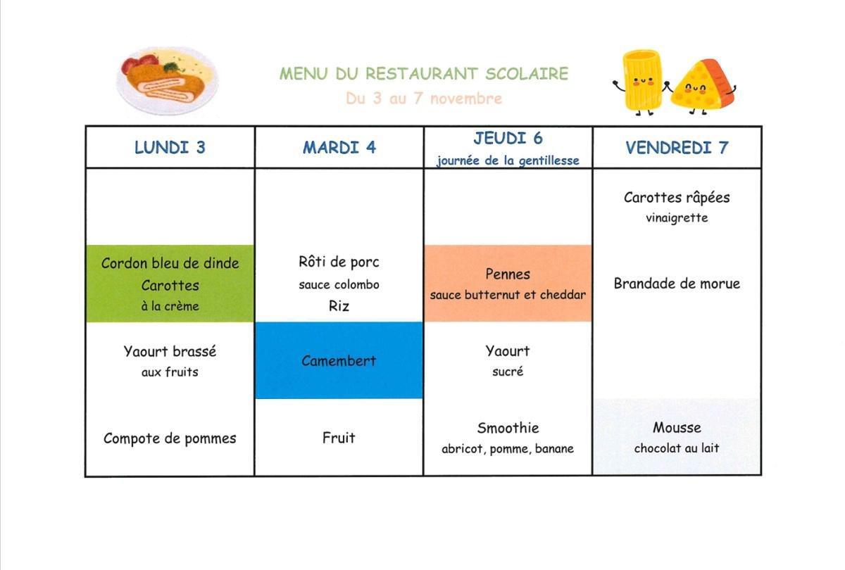 Menu de la cantine