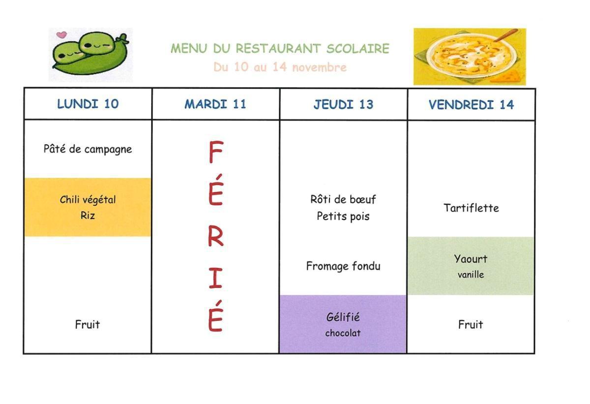 Menu de la cantine
