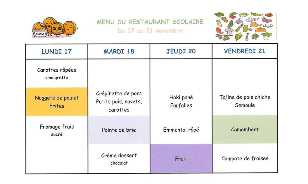 Menu de la cantine