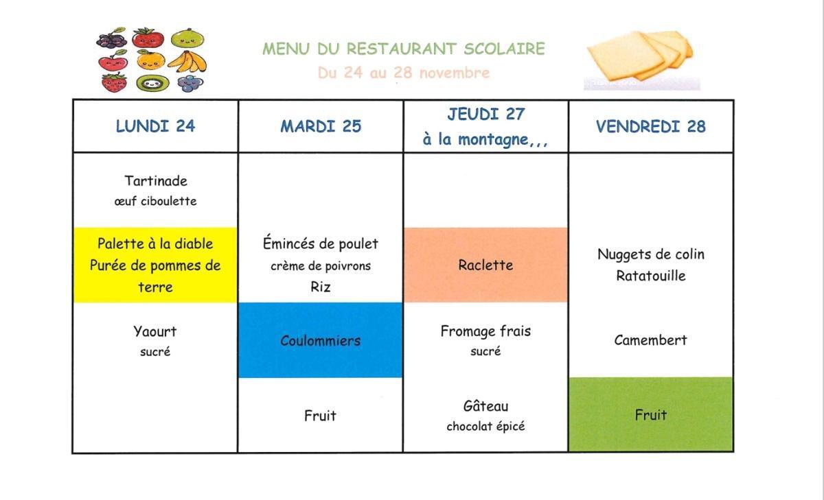 Menu de la cantine