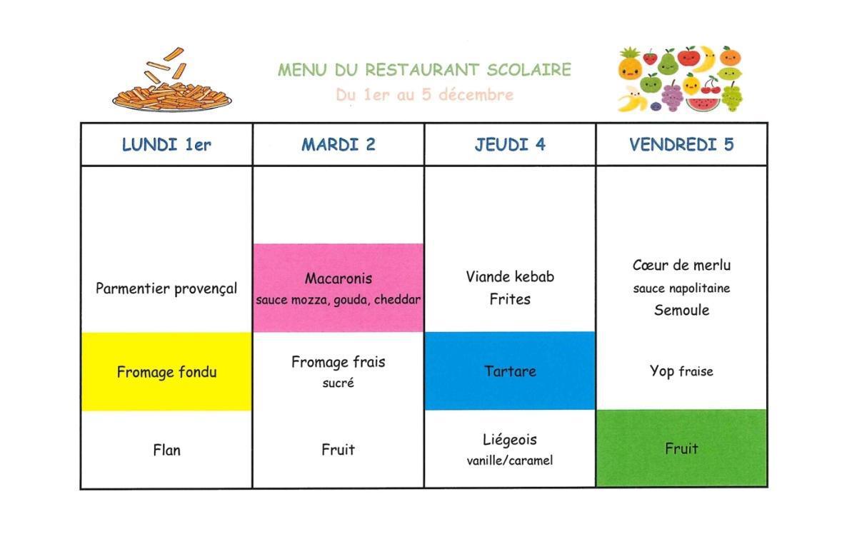 Menu de la cantine