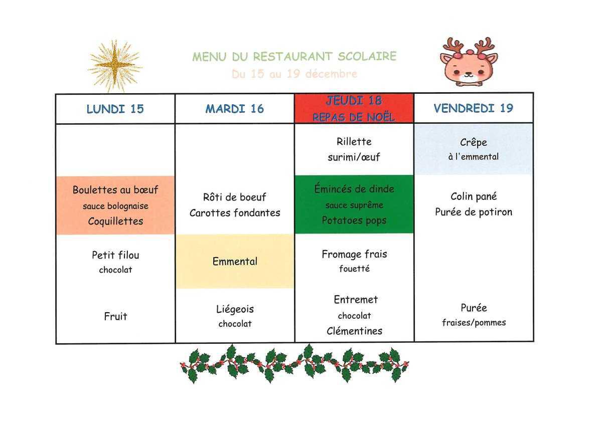Menu de la cantine