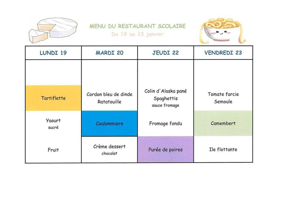 Menu de la cantine