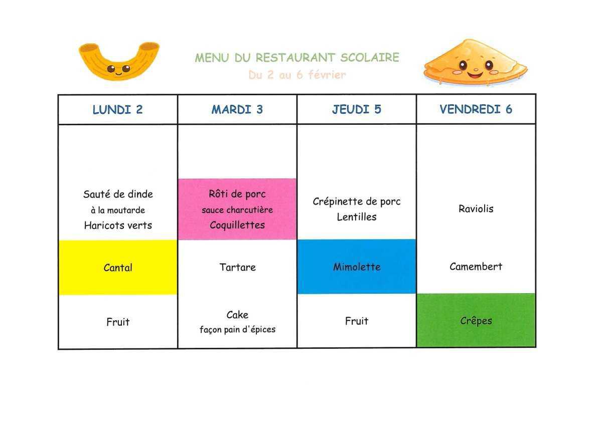 Menu de la cantine