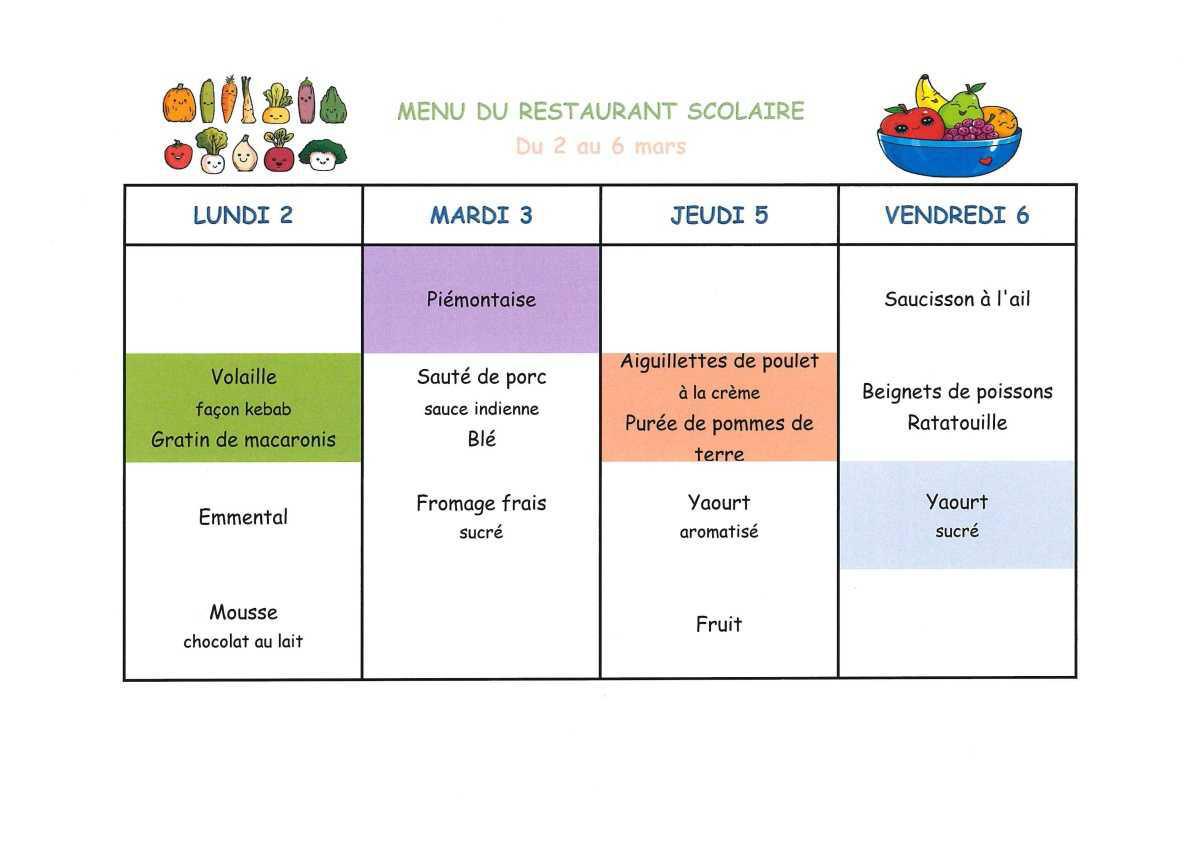 Menu de la cantine
