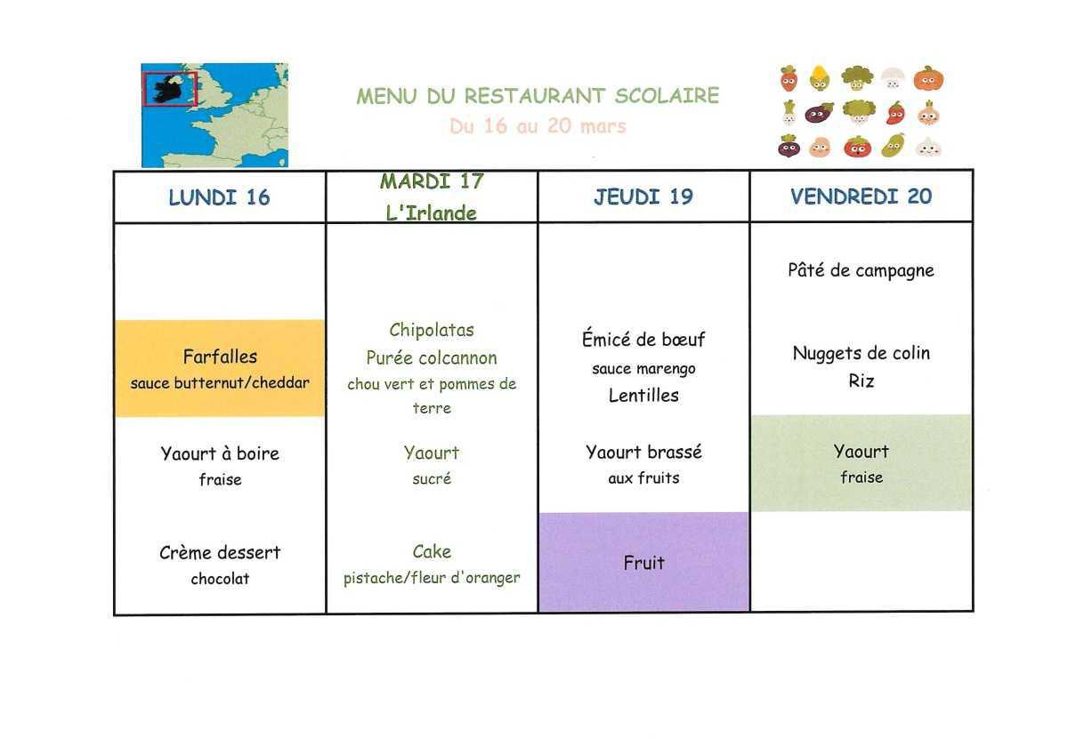 Menu de la cantine