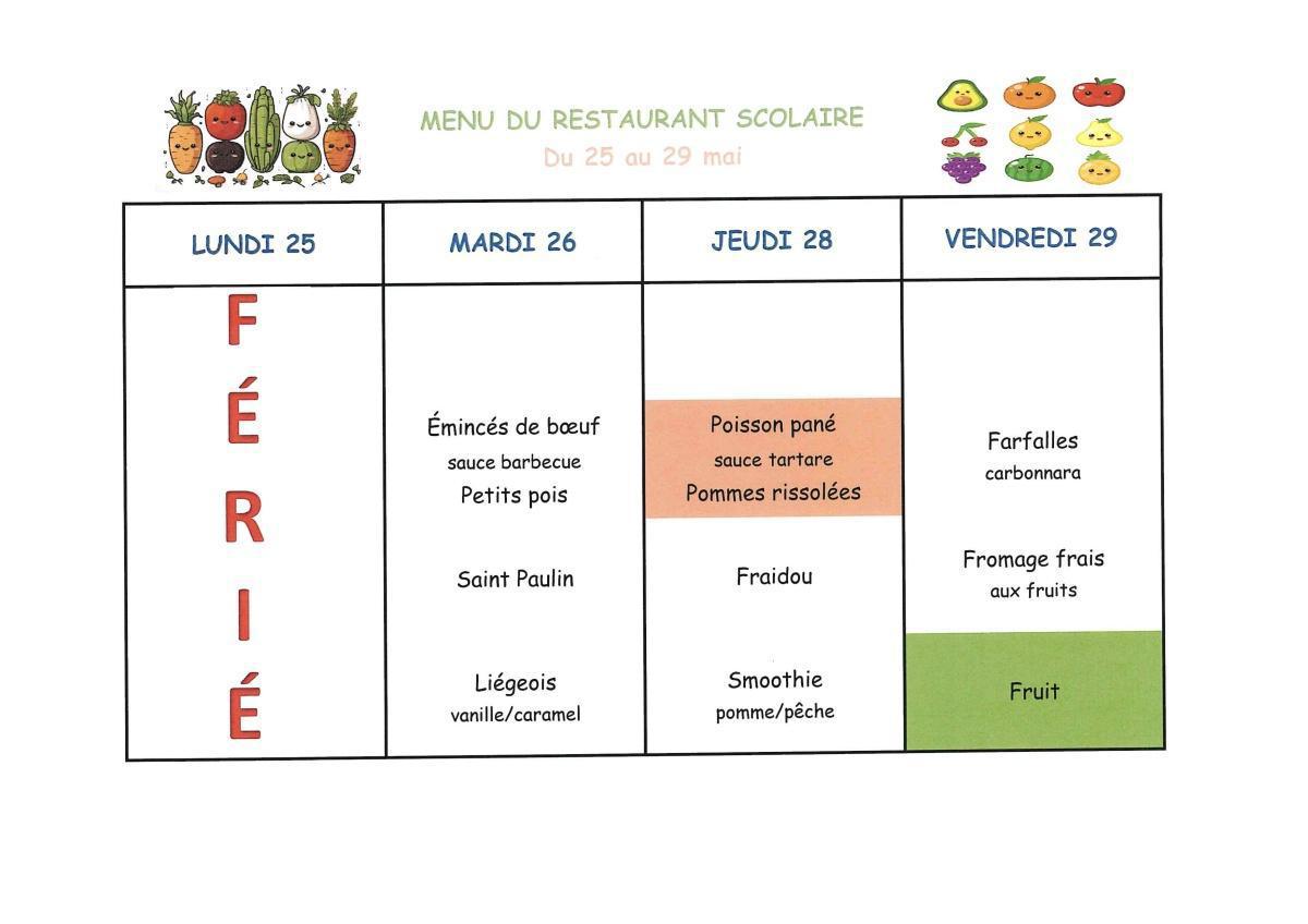 Menu du Restaurant Scolaire