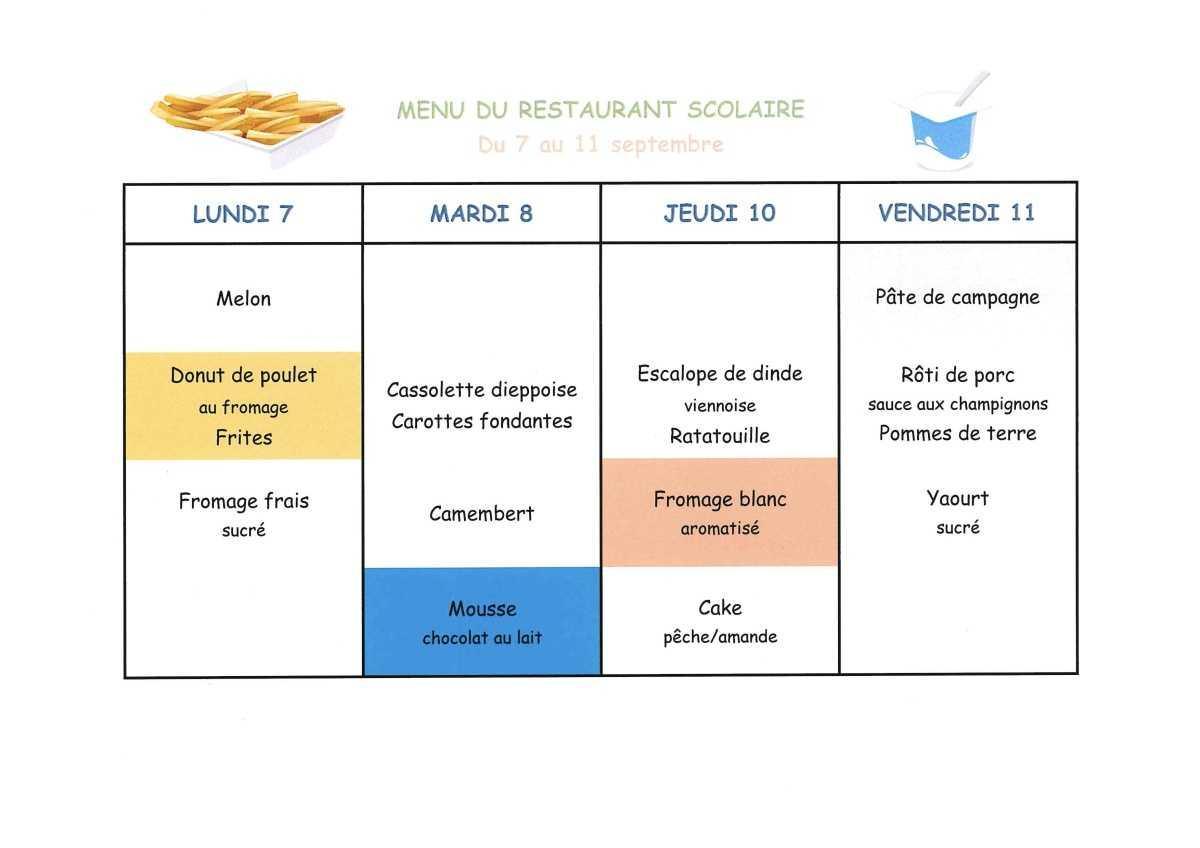 Menu du Restaurant Scolaire