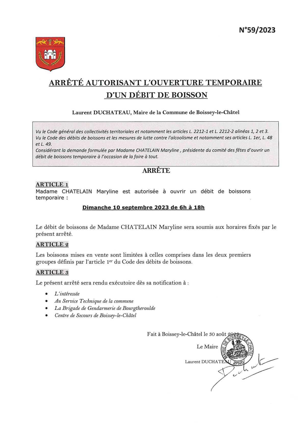 Arrêtés Municipaux du 31/08/2023