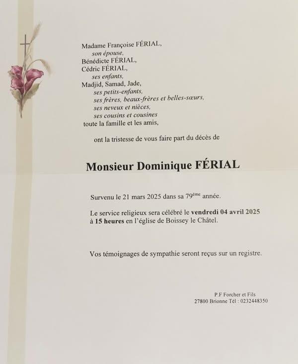 Avis de Décès de Mr FERIAL Dominique