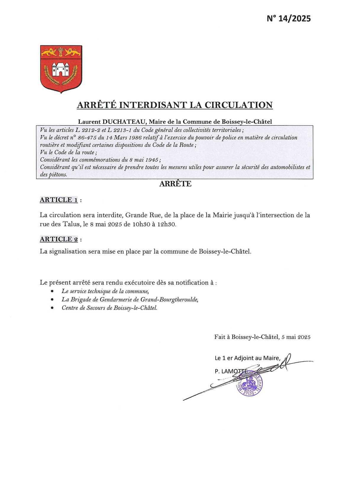 Arrêté municipal suite aux commémorations