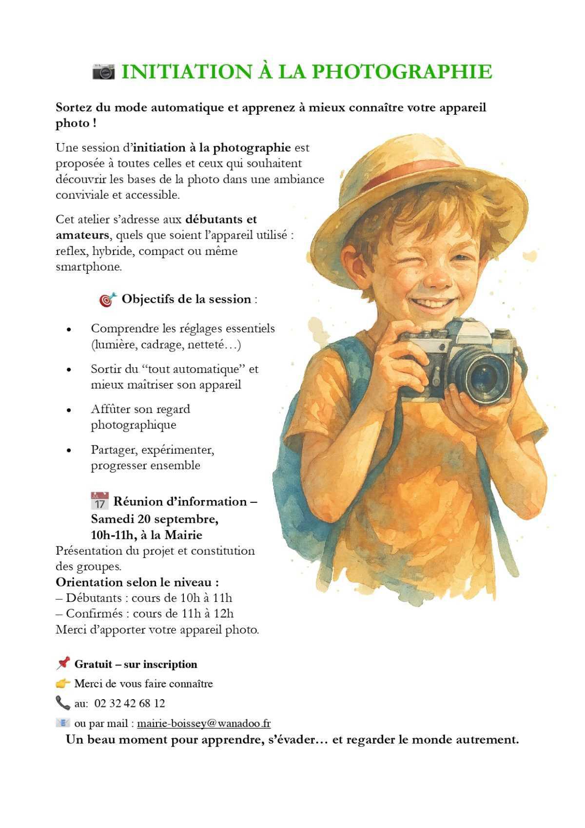 Initiation à la photographie le 20 septembre 2025
