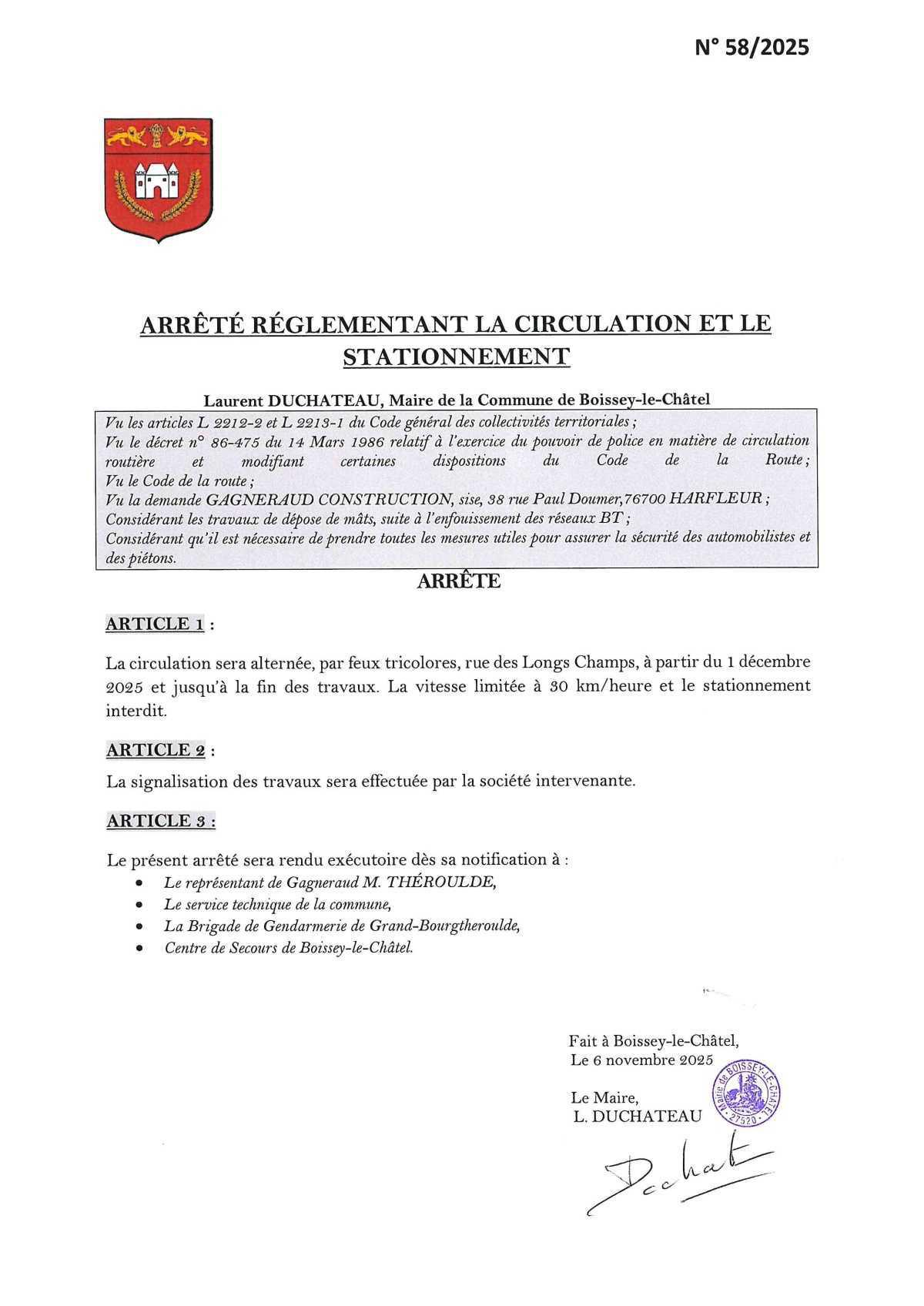 Arrêtés Municipaux rue de la Pergantière et rue des Longs Champs du 5/11/25