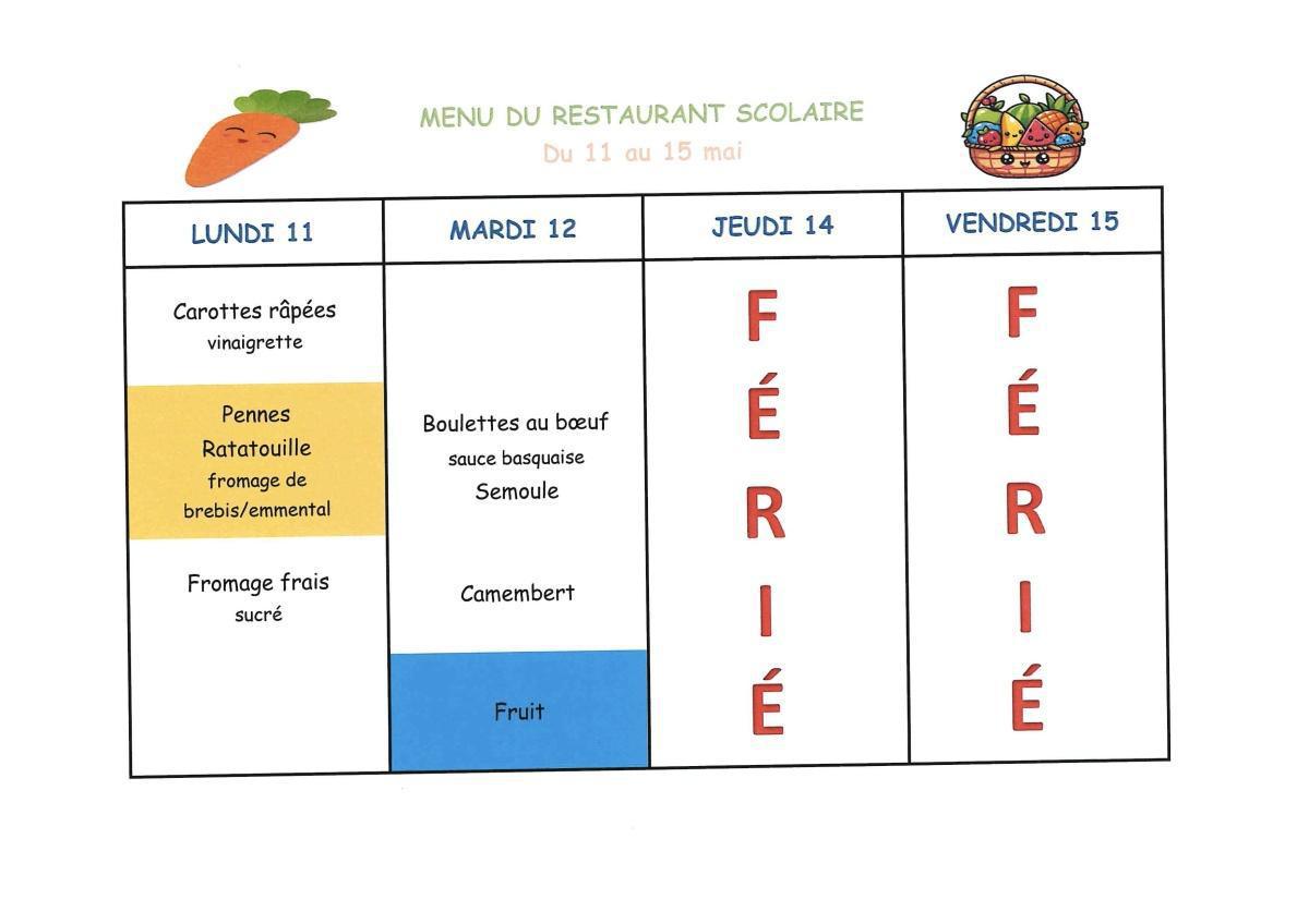 Menu de la cantine scolaire - 11/15 Mai 