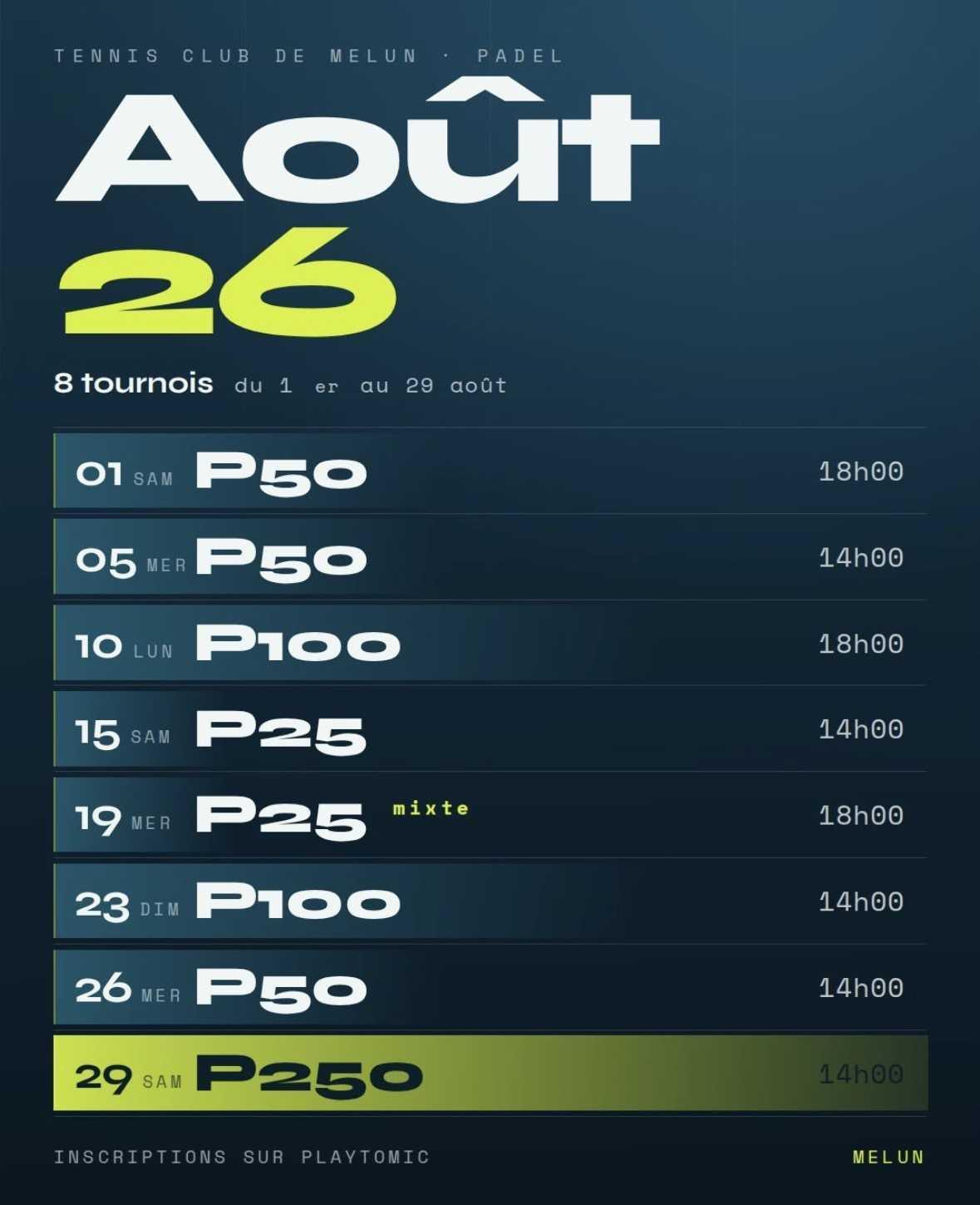 Tournois Padel du mois d'Août 