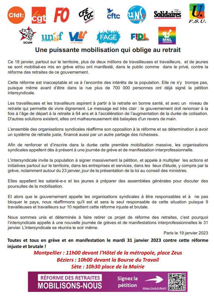 Retraites : Grève intersyndicale du 31 Janvier Montpellier