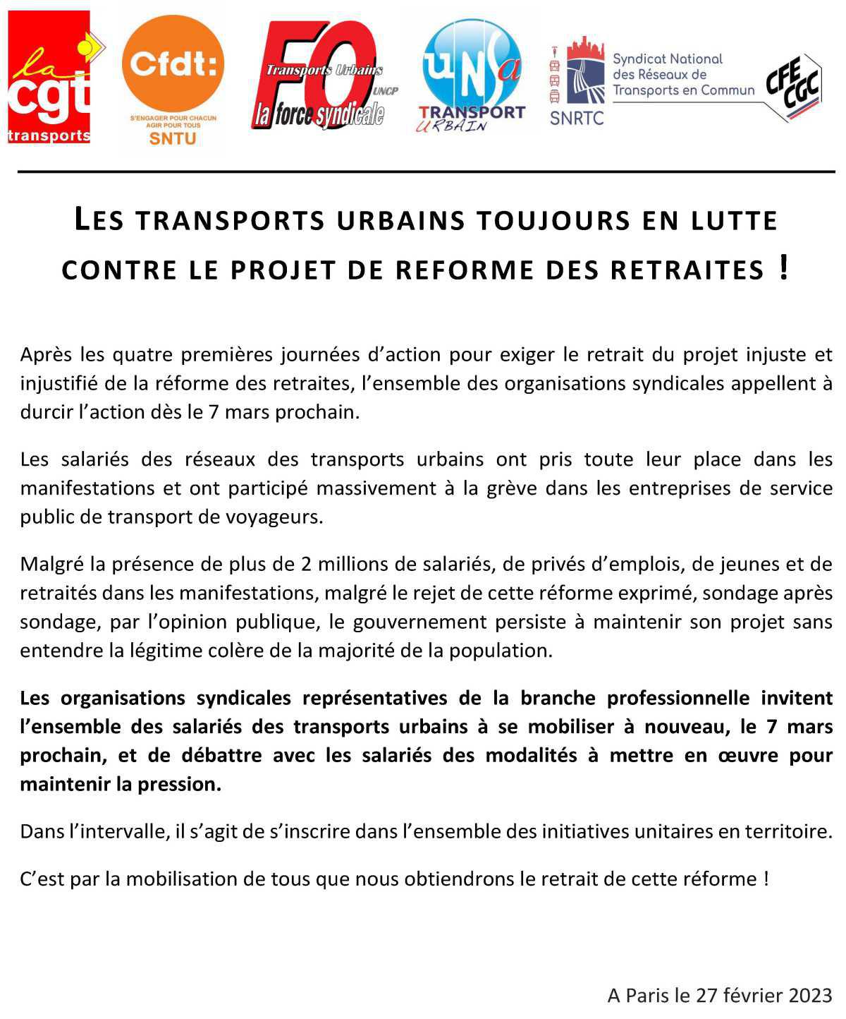 Communiqué Intersyndicale Transports Urbains