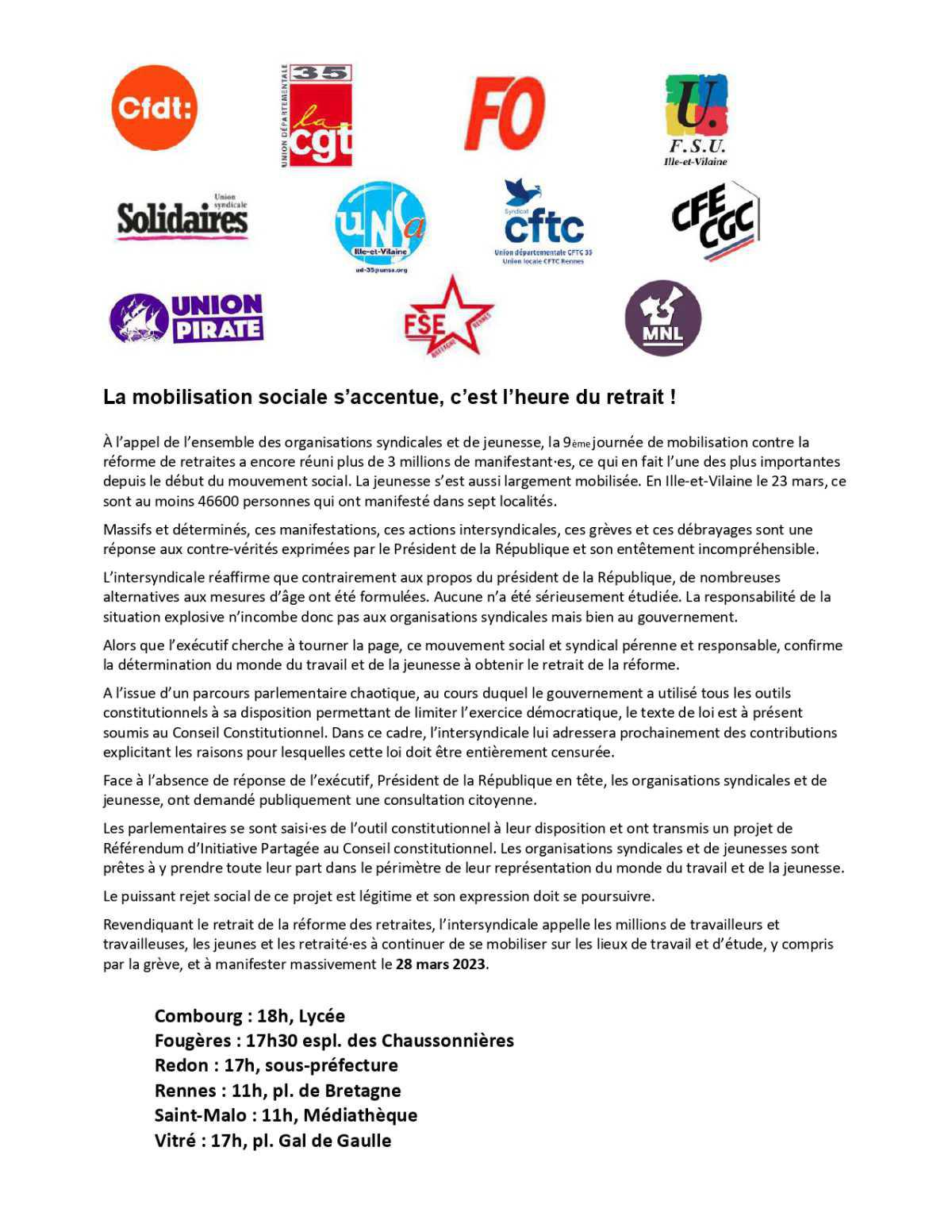 28 mars : la mobilisation continue !