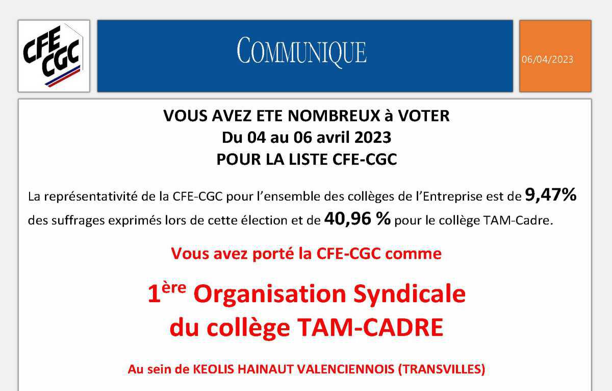 Valenciennes Résultats Elections professionnelles KHV TRANSVILLES