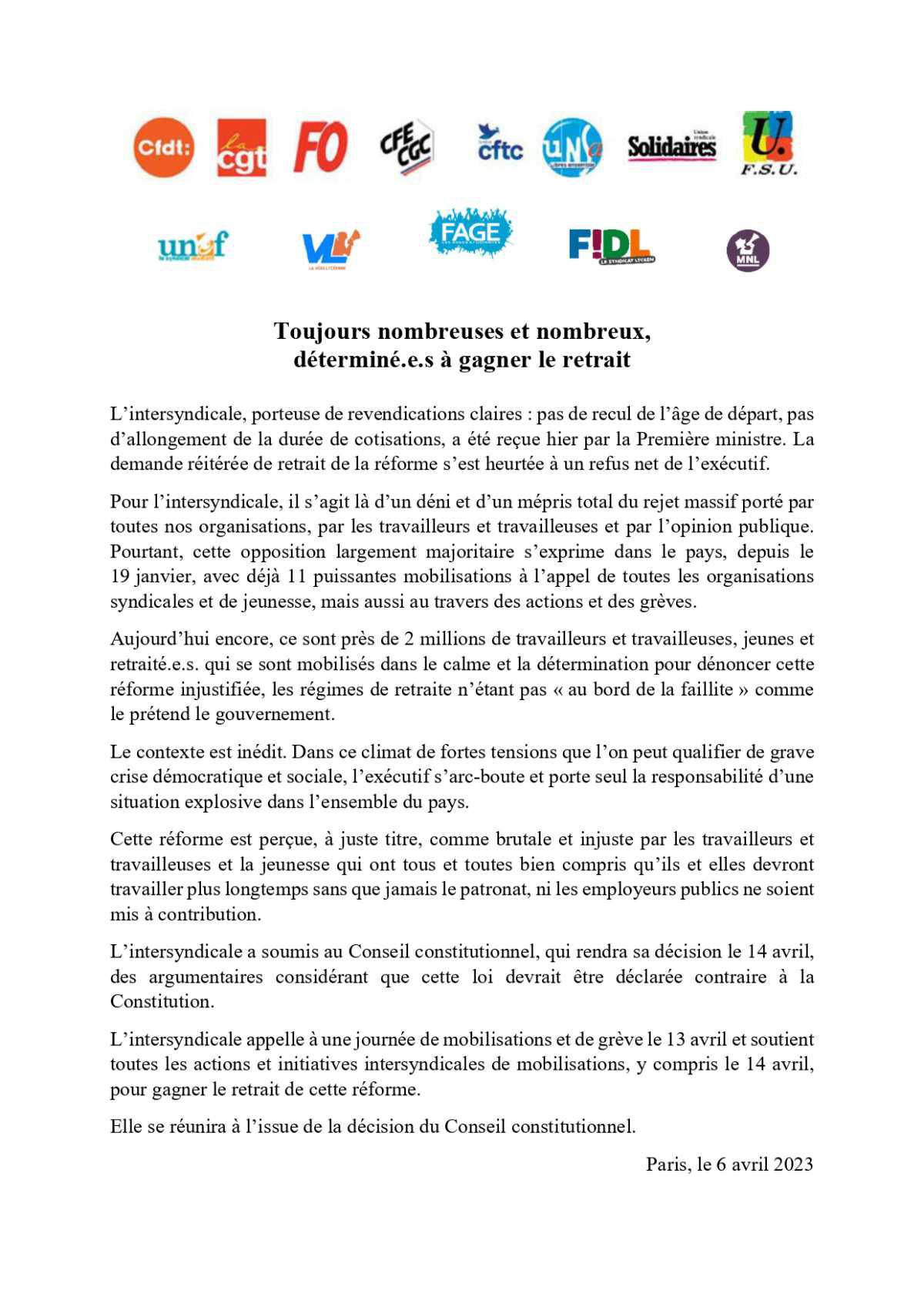 Réforme des retraites : prochaine manifestation le 13 avril.