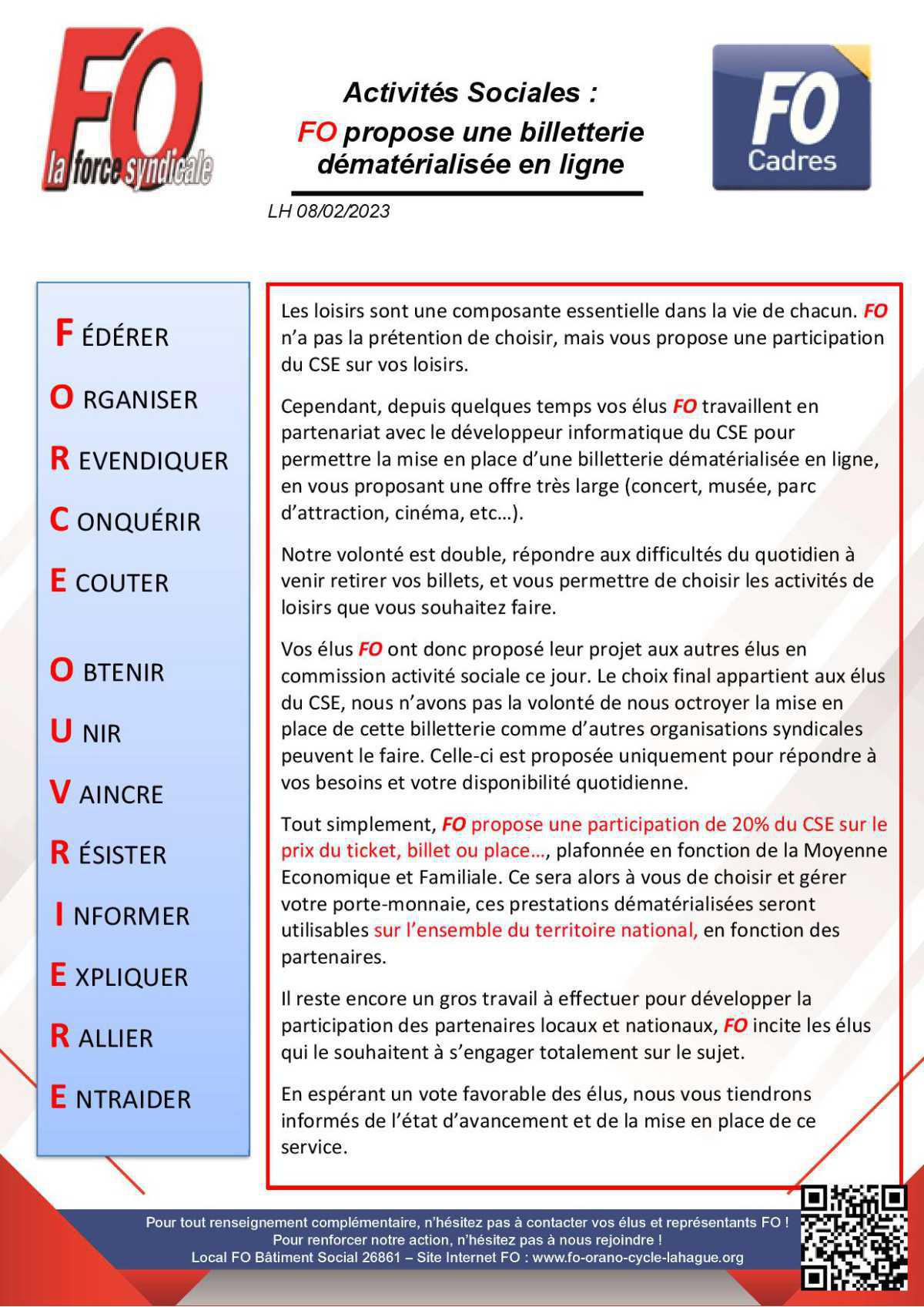 ACTIVITES SOCIALES : FO propose la billetterie en ligne