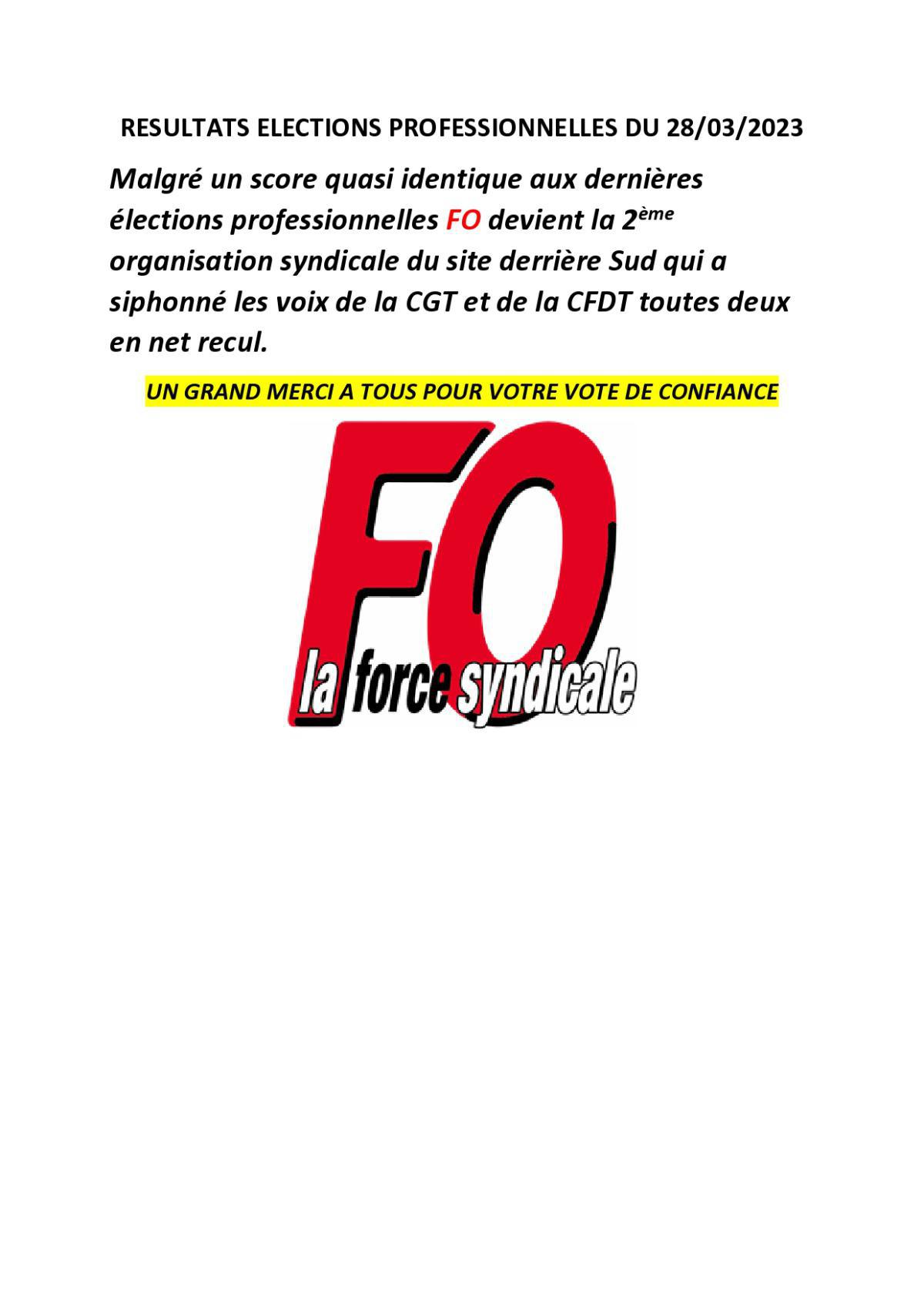 RESULTATS ELECTIONS PROFESSIONNELLES DU 28/03/2023