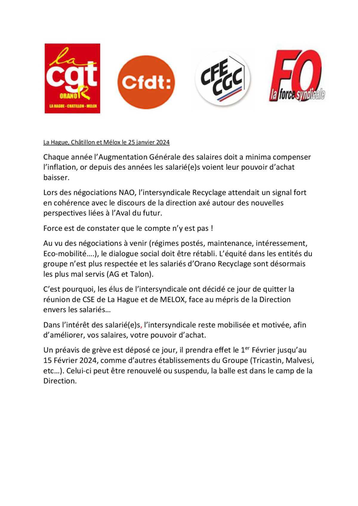 inFO intersyndicale 25 janvier 2024