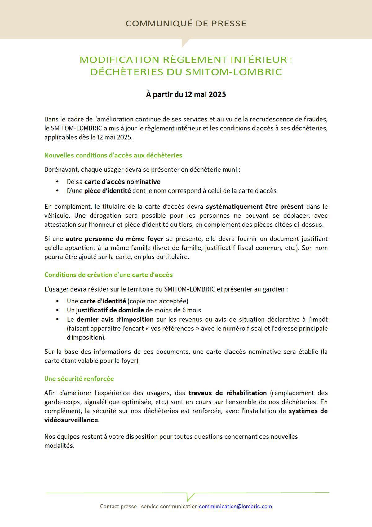 ATTENTION COMMUNIQUE DE PRESSE