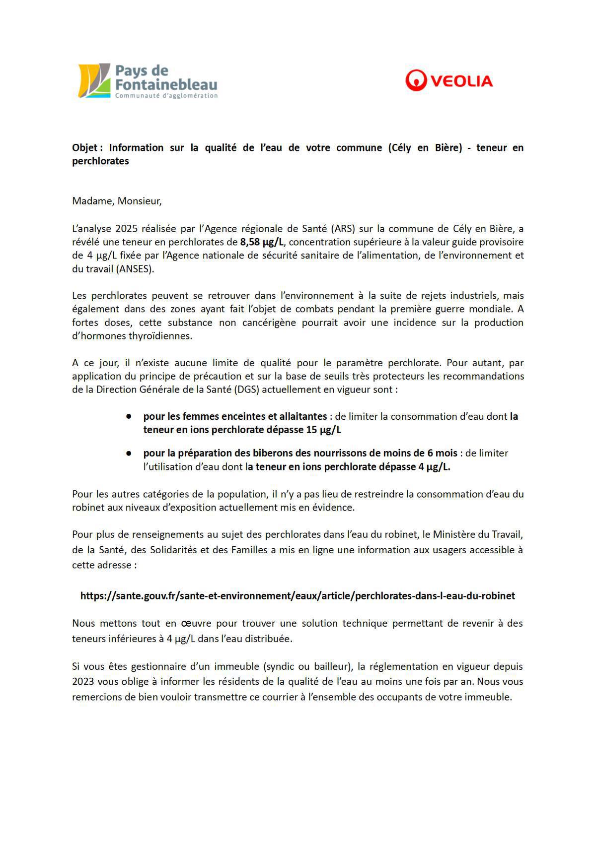Information sur la qualité de l'eau potable