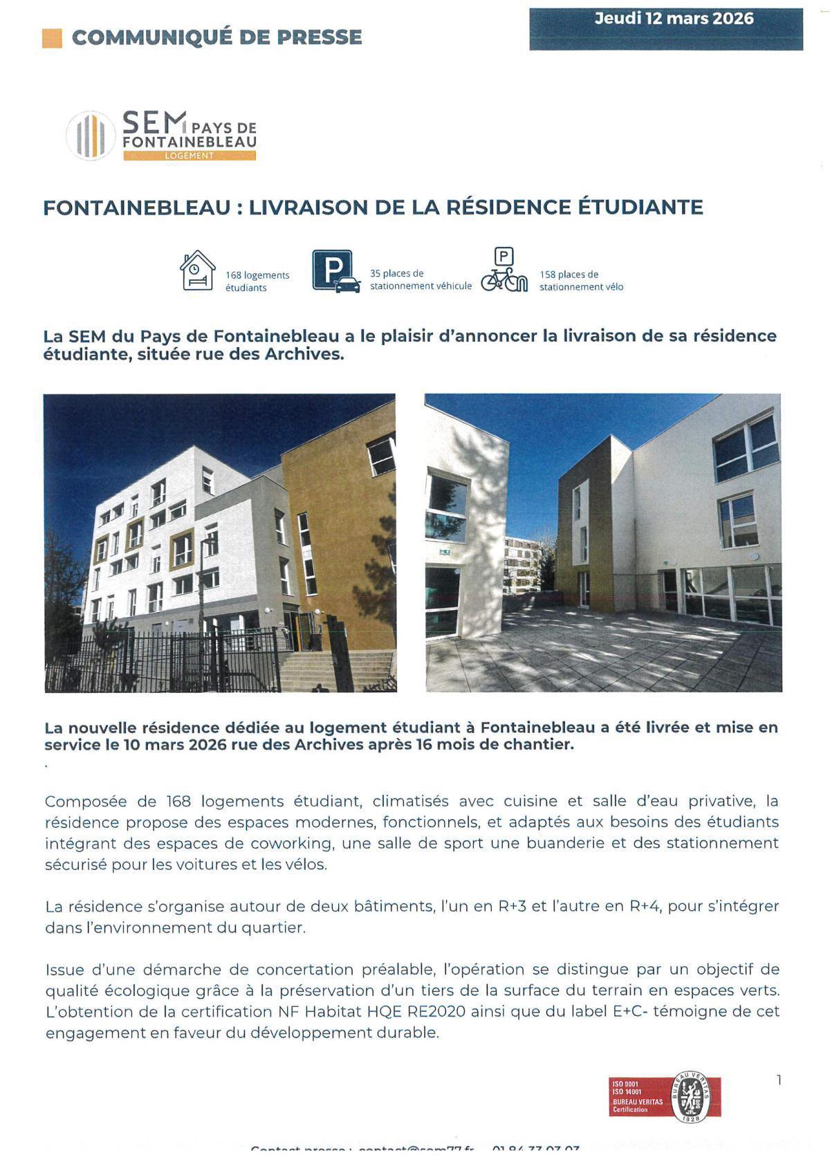 FONTAINEBLEAU - LIVRAISON DE LA RESIDENCE ETUDIANTE