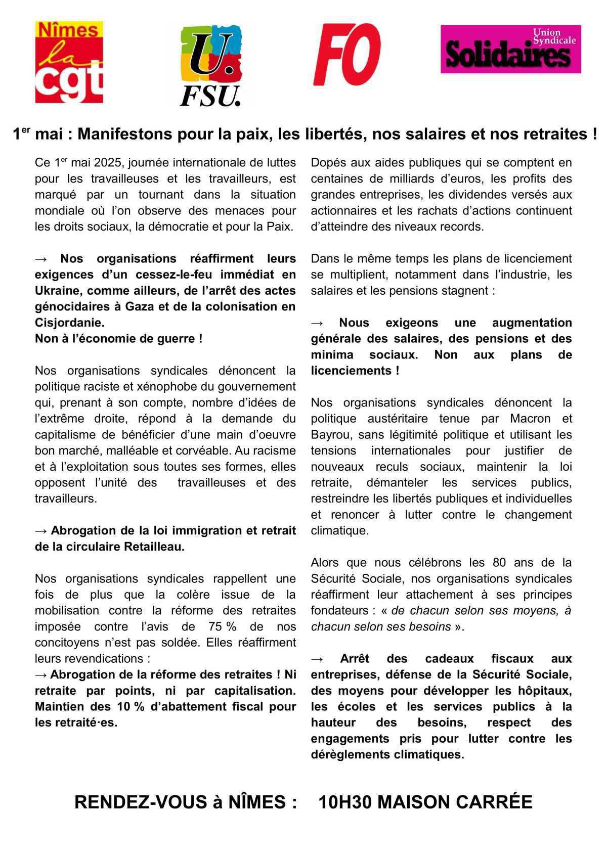  Appel intersyndical au 1er mai 2025