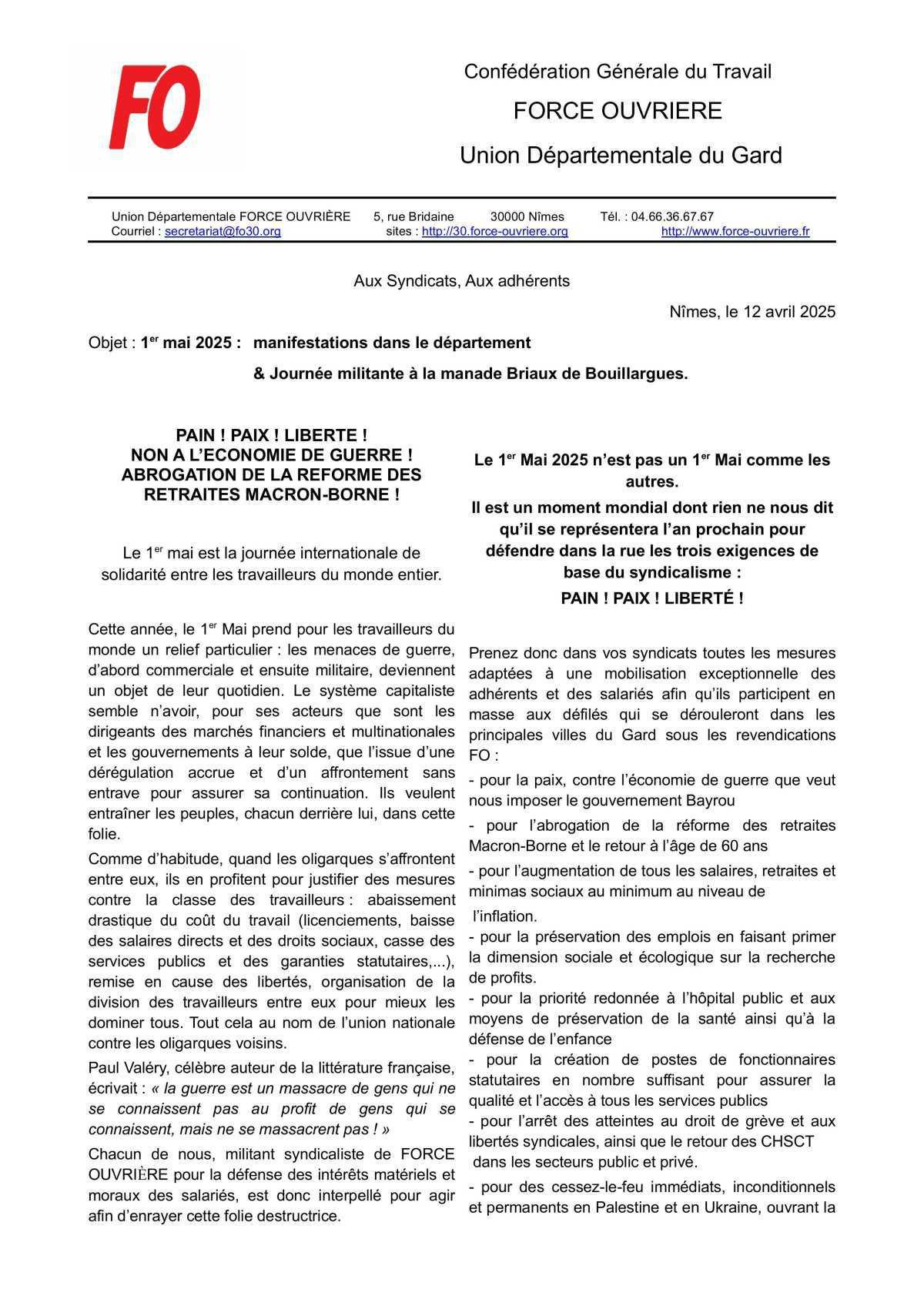  Appel intersyndical au 1er mai 2025