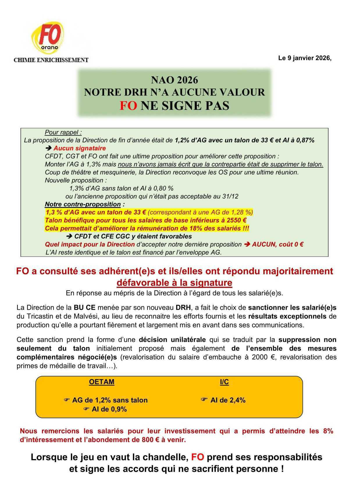 NAO 2026: FO ne signe pas